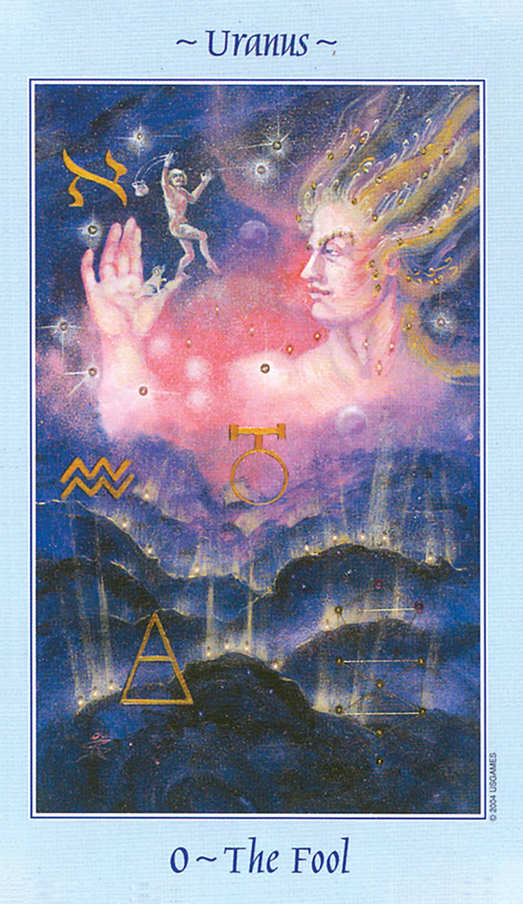 Card depicting the fool with the word Uranus at the top of the card