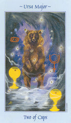 Card featuring a bear with two cups and astrological symbols, titled 'Two of Cups' from 'Ursa Major'.