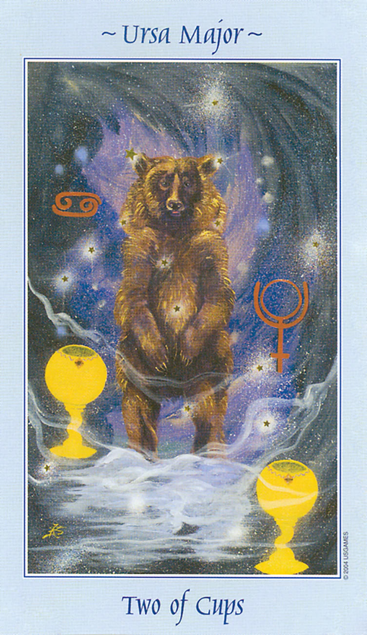 Card featuring a bear with two cups and astrological symbols, titled 'Two of Cups' from 'Ursa Major'.