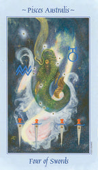 Card featuring the astrological sign Pisces Australis with a green fish-like creature and three swords on a blue background.