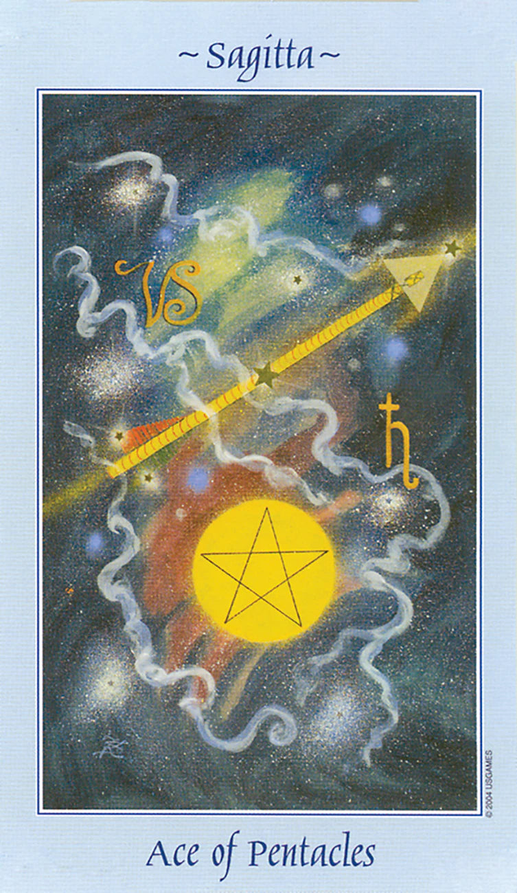 Card featuring the 'Ace of Pentacles' from the Sagitta tarot deck with astrological symbols and a star-like figure.