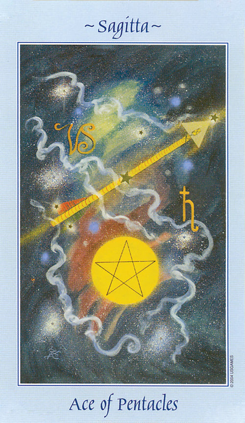 Card featuring the 'Ace of Pentacles' from the Sagitta tarot deck with astrological symbols and a star-like figure.