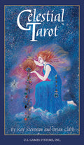 Cover of 'Celestial Tarot' with an illustration of a woman holding a tarot card against a starry night sky.