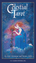 Cover of 'Celestial Tarot' with an illustration of a woman holding a tarot card against a starry night sky.