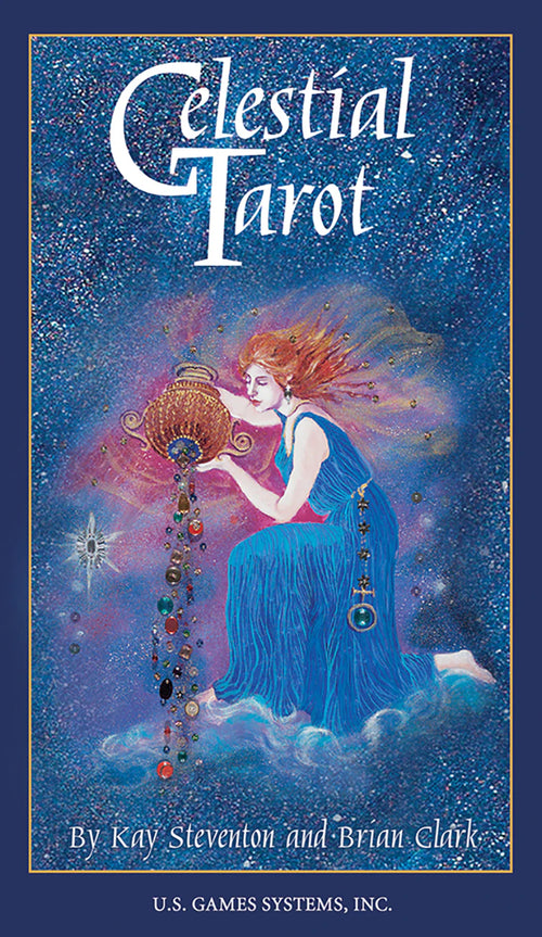 Cover of 'Celestial Tarot' with an illustration of a woman holding a tarot card against a starry night sky.