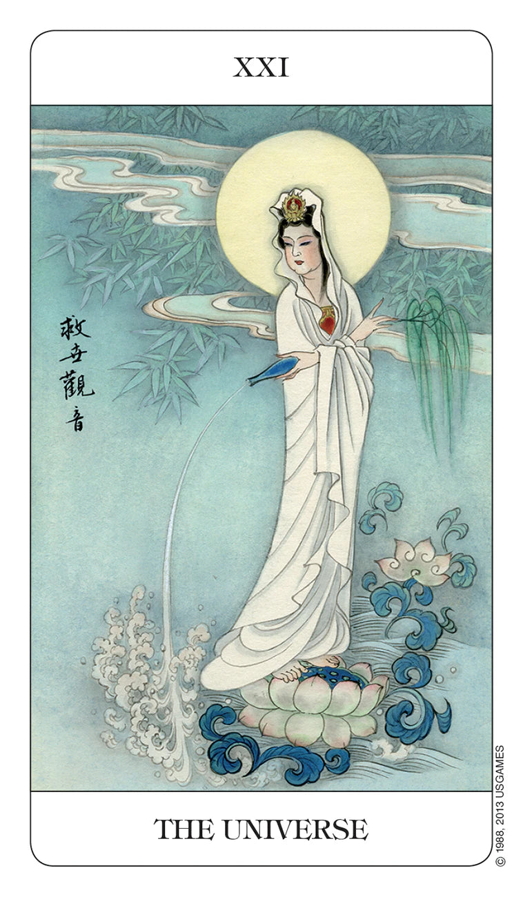 Card titled 'The Universe' featuring a figure in traditional attire with a serene background.