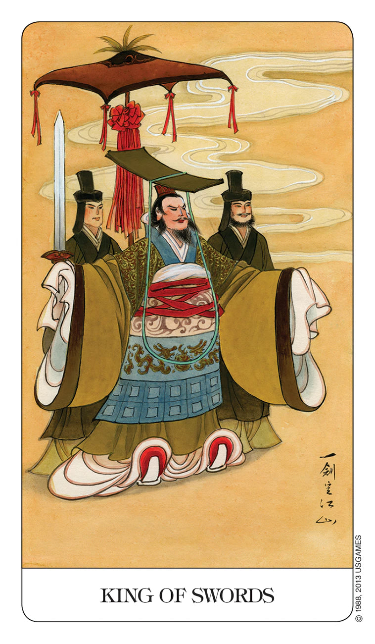 Card featuring three figures in traditional attire with a banner, labeled 'King of Swords'.
