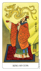Card featuring a person in traditional attire with a dragon above, labeled 'King of Cups'.