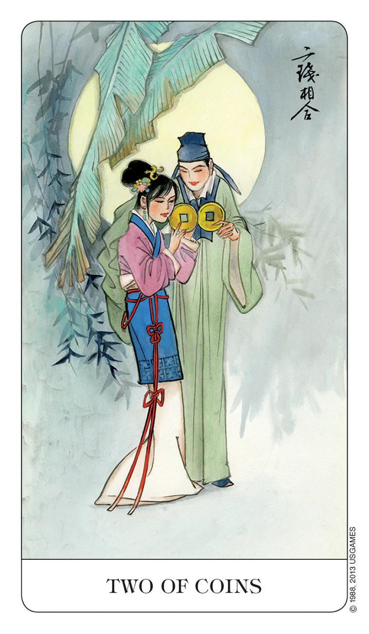 Card featuring two people in traditional attire holding coins, with a decorative border and text.