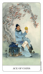 Illustration of a person holding a coin under a branch with leaves, labeled 'Ace of Coins'.