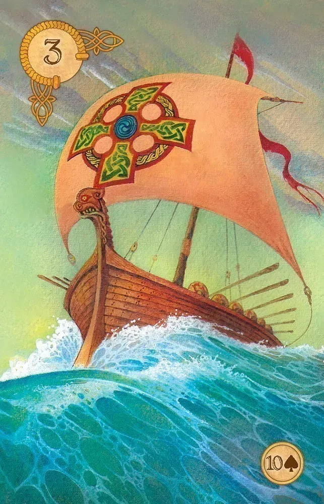 Decorative ship with a large sail on a wave, number 3 and card symbol at the top left corner.