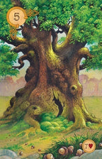 Illustration of a large tree with a heart symbol and number 5 on a card