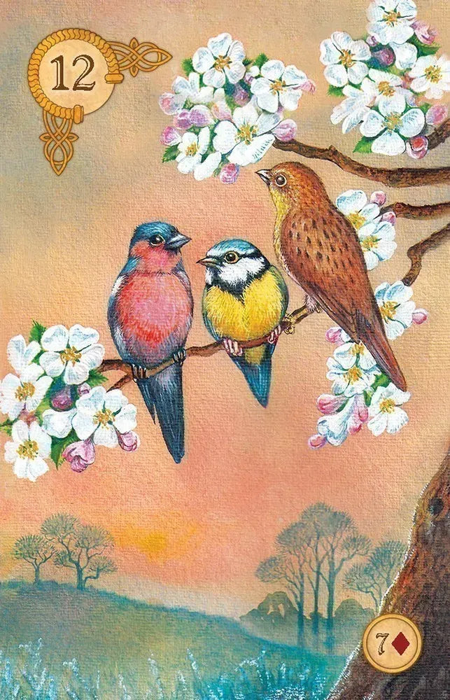 Three birds perched on a branch with flowers and a scenic background