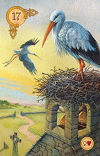 Stork in a nest with a child inside, on a card with number 17 and heart symbol.