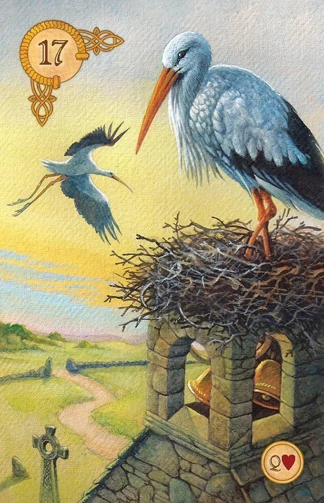 Stork in a nest with a child inside, on a card with number 17 and heart symbol.
