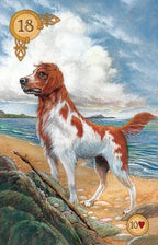 Painting of a brown and white dog on a beach with a scenic background