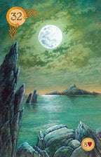 Scenic landscape with a full moon, rocky cliffs, and water, featuring numbers 32 and 8 on either side.
