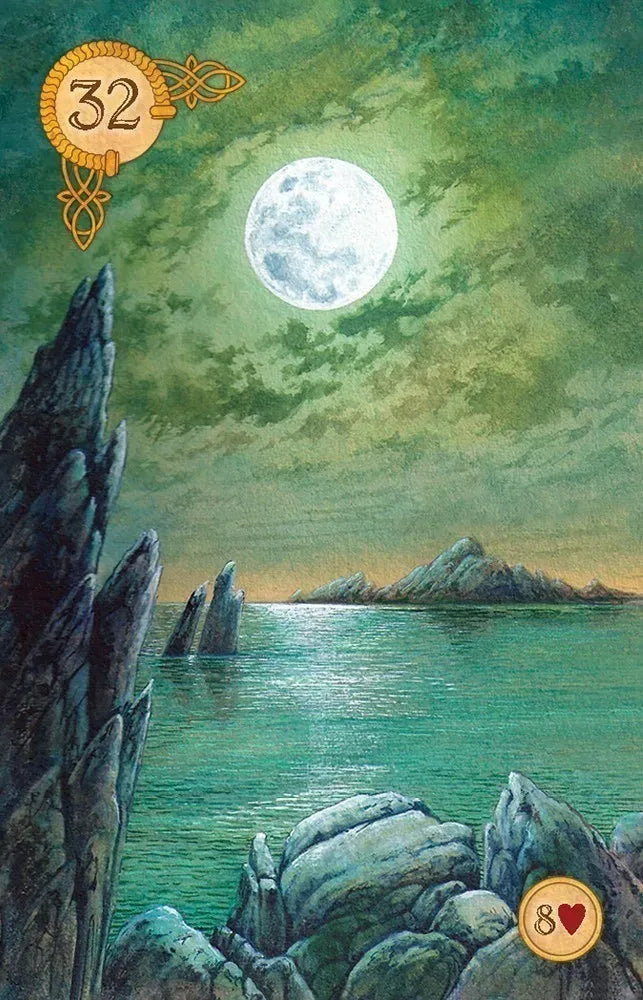 Scenic landscape with a full moon, rocky cliffs, and water, featuring numbers 32 and 8 on either side.