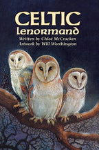 Book cover of 'Celtic Lenormand' with three owls on a branch against a dark background.