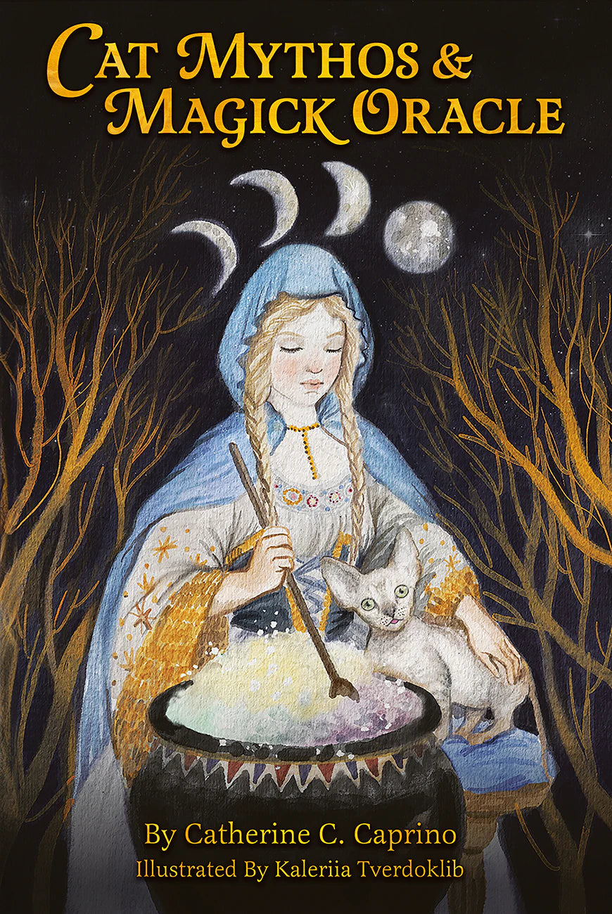 Book cover of 'Cat Mythos & Magick Oracle' with a woman and cat in a mystical setting.