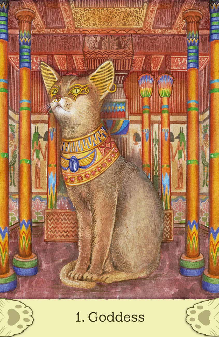 Cat in Egyptian-style clothing with colorful columns and hieroglyphs in the background, labeled '1. Goddess'.