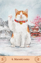Maneki-neko cat with a red collar in a snowy landscape with a pagoda and cherry blossoms.