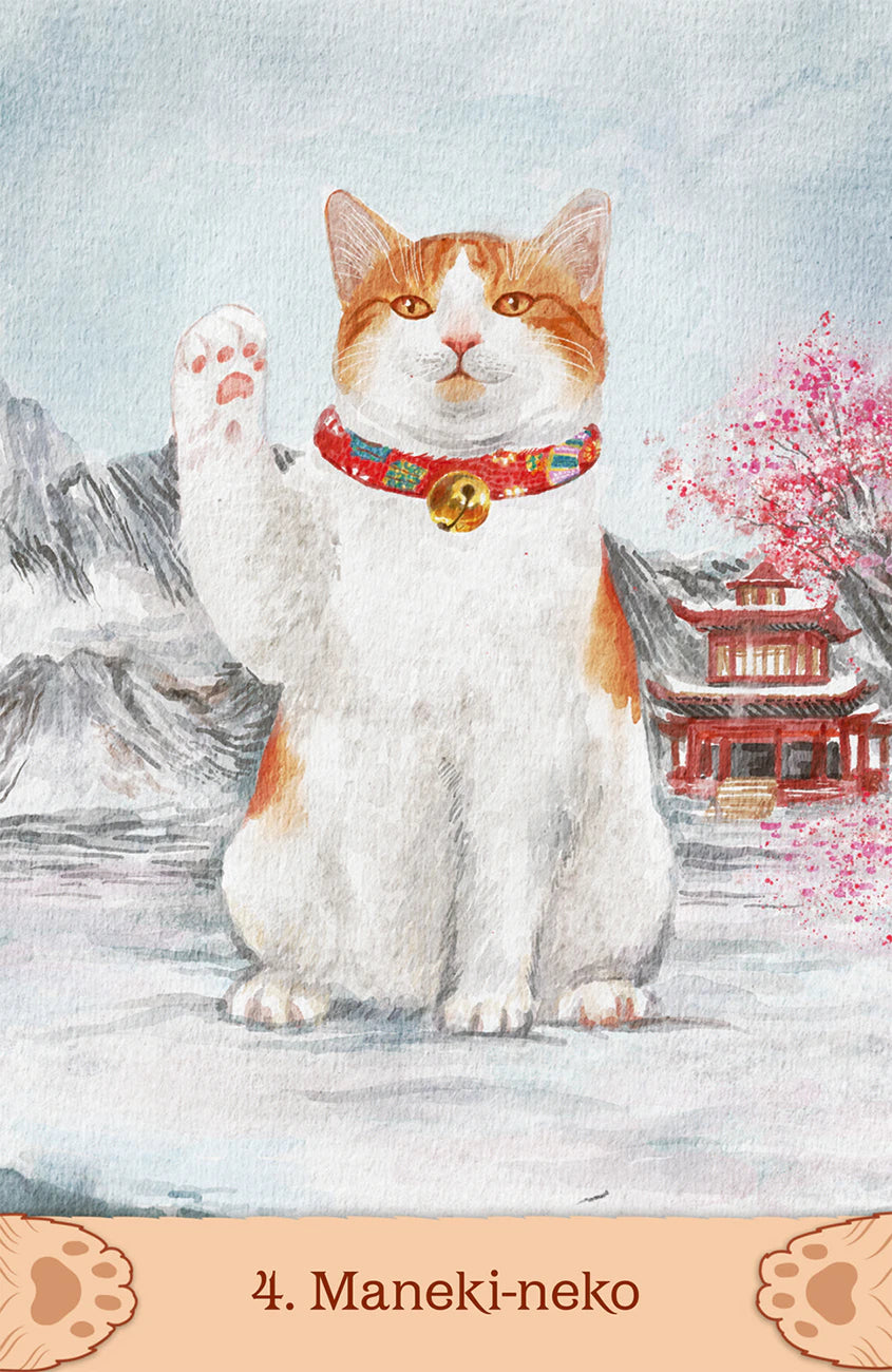 Maneki-neko cat with a red collar in a snowy landscape with a pagoda and cherry blossoms.
