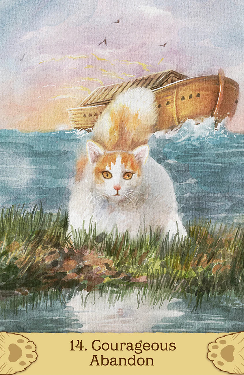 Cat standing on grass near water with a wooden boat in the background, labeled '14. Courageous Abandon'.