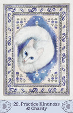 Card with a white cat illustration and decorative border, featuring the text '22. Practice Kindness & Charity'.