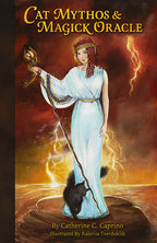 Book cover of 'Cat Mythos & Magick Oracle' with a woman in a blue robe holding a staff and a cat, against a fiery background.