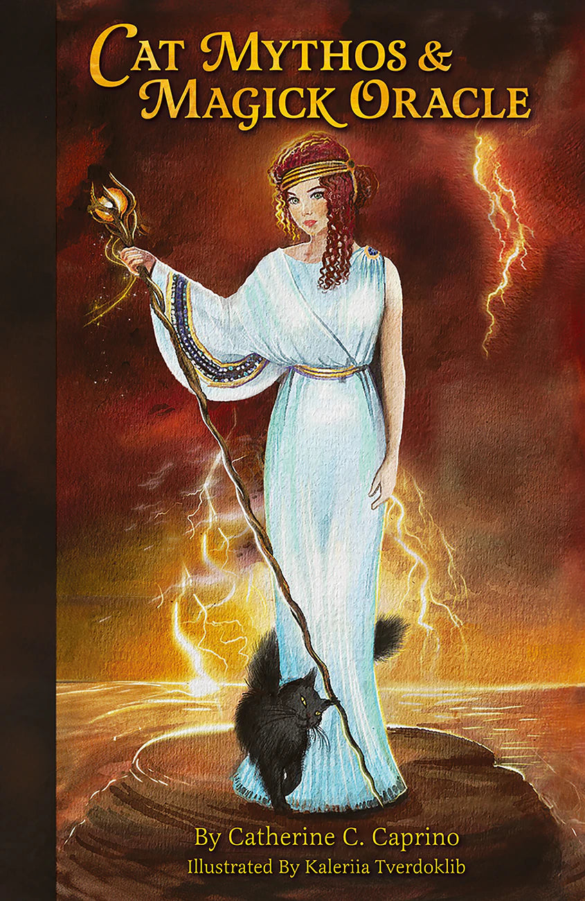 Book cover of 'Cat Mythos & Magick Oracle' with a woman in a blue robe holding a staff and a cat, against a fiery background.