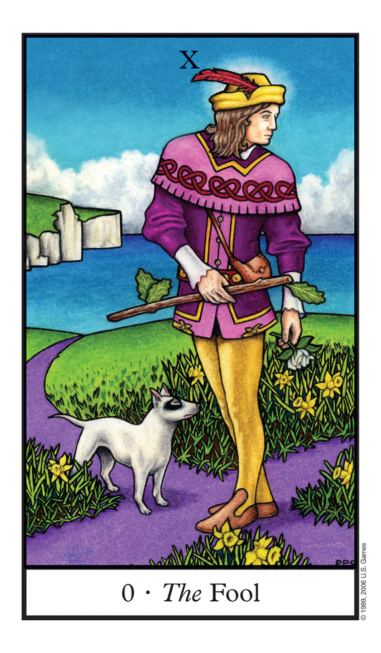 Tarot card featuring 'The Fool' with a person holding a staff and a dog in a scenic setting.