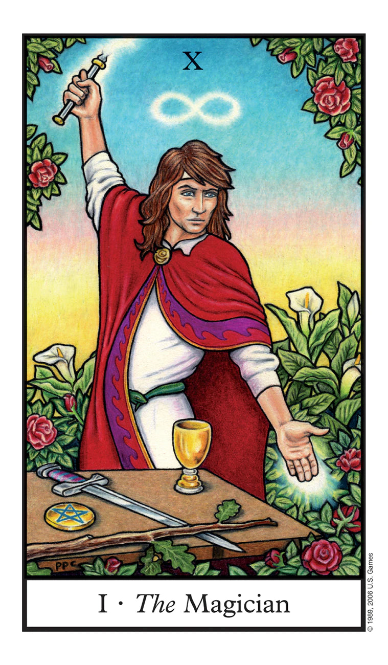 Tarot card featuring 'The Magician' with a person in a red robe holding a sword and a cup, surrounded by nature elements.