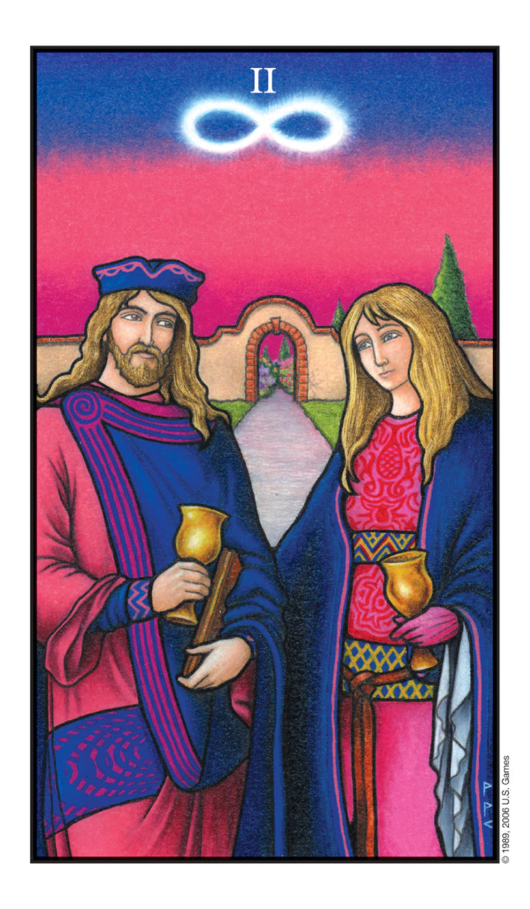 Two people in colorful robes holding cups with a blue sky and pink ground above them, resembling a tarot card.