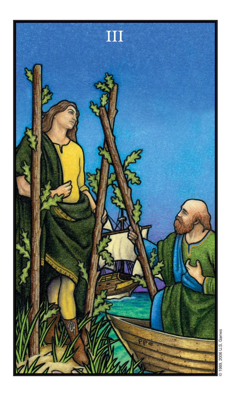 Tarot card with two figures, one standing and one in a boat, against a blue sky.