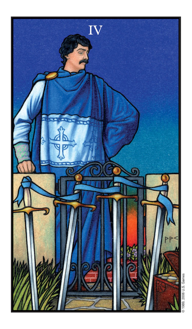 Tarot card with a figure in blue robes standing behind three swords on a blue background