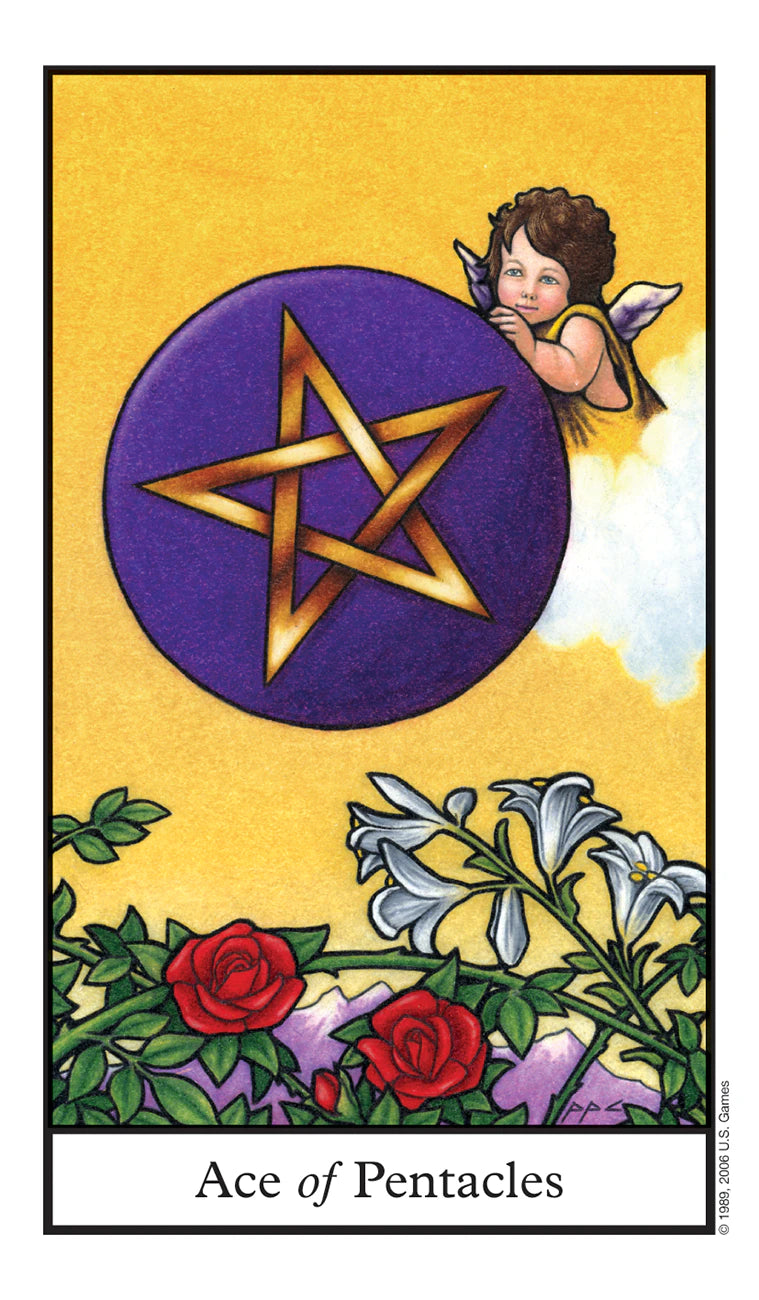 Ace of Pentacles tarot card with a purple circle and gold star, surrounded by flowers and a fairy.