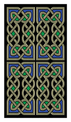 Decorative panel with Celtic knot pattern in gold, green, and blue on a black background
