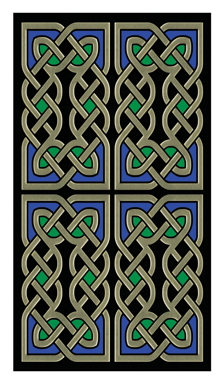 Decorative panel with Celtic knot pattern in gold, green, and blue on a black background