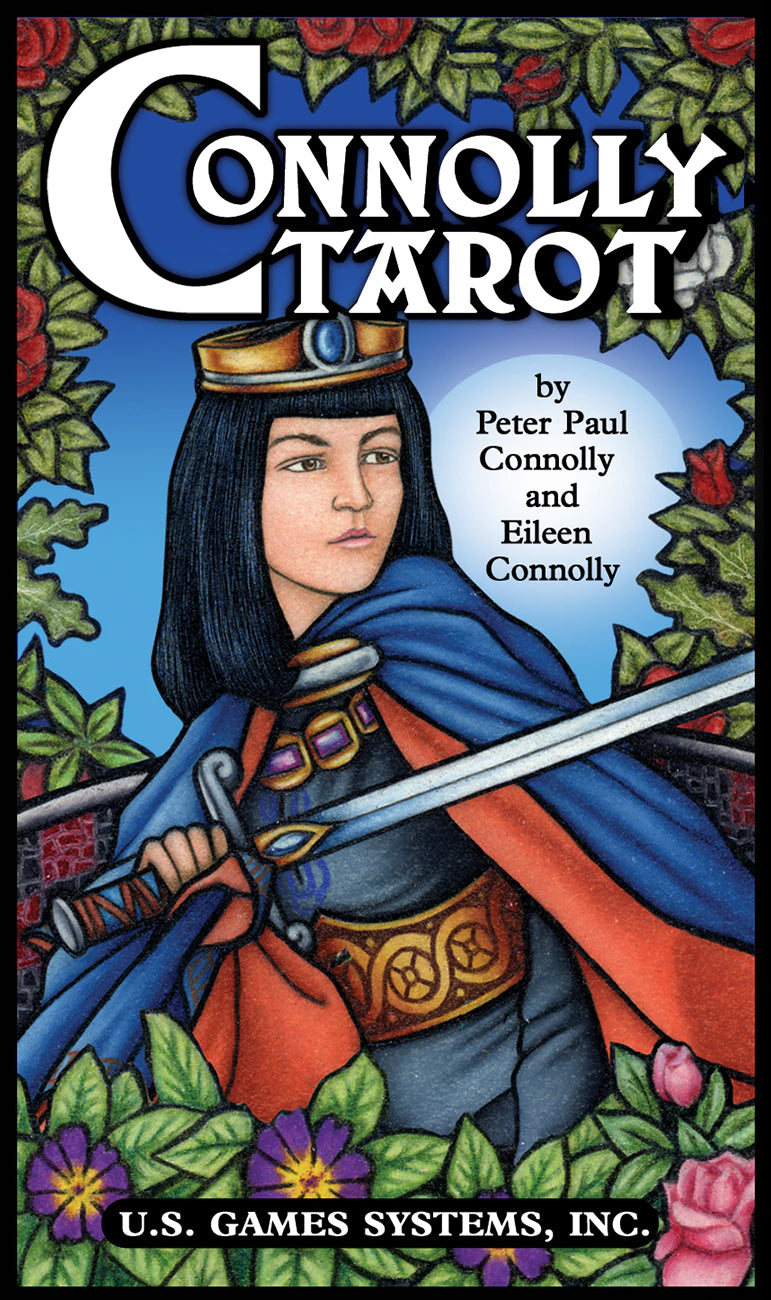 Cover of the Connolly Tarot with a stylized illustration of a figure holding a sword, surrounded by decorative elements.