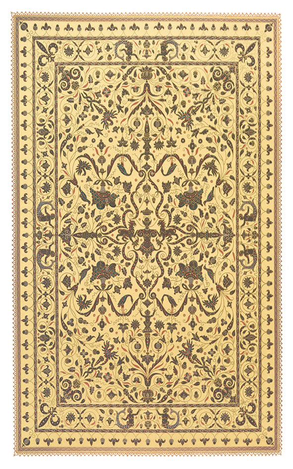Decorative rug with intricate patterns on a beige background