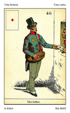 Vintage illustration of a man in uniform holding a letter, with text and numbers on a yellow background.