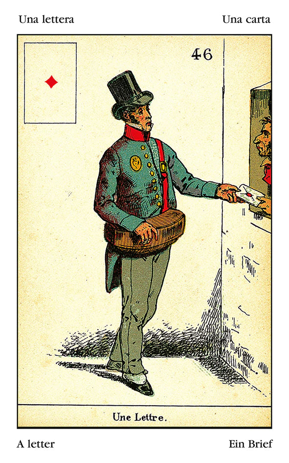 Vintage illustration of a man in uniform holding a letter, with text and numbers on a yellow background.