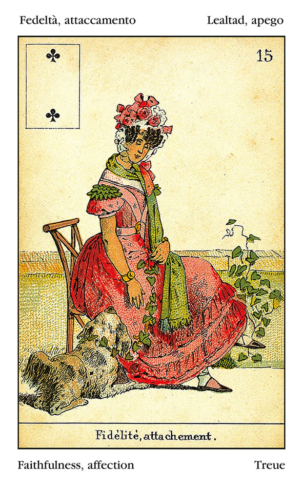 Vintage-style card with a woman in a red dress sitting on a bench with a dog, surrounded by nature.