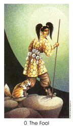 Card featuring a character labeled '0 The Fool' with a cat on rocks and a glowing moon in the background.