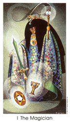 Tarot card featuring 'The Magician' with colorful attire and mystical objects.
