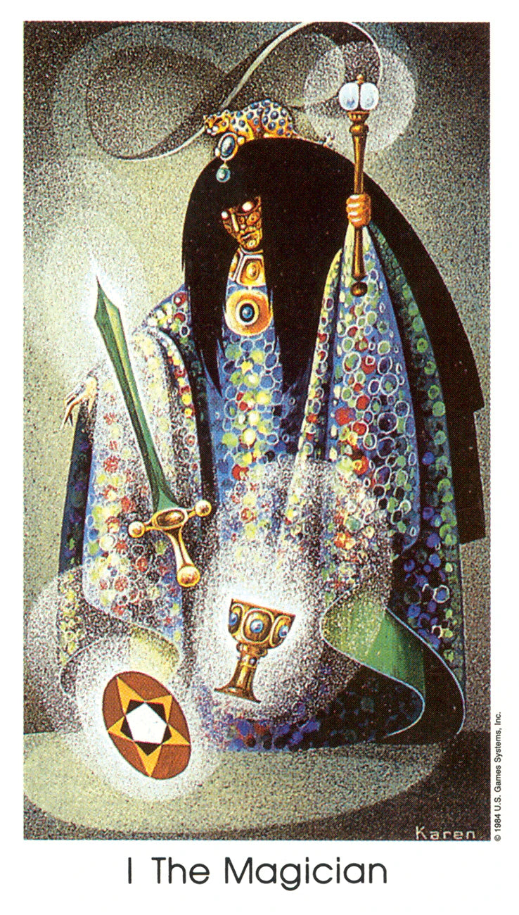 Tarot card featuring 'The Magician' with colorful attire and mystical objects.