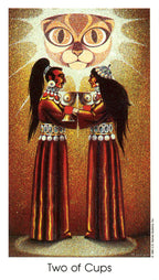 Two people in red robes with an owl above them, labeled 'Two of Cups'.