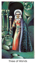 Artistic depiction of a tarot card titled 'Three of Wands' featuring a figure in a long, patterned robe.