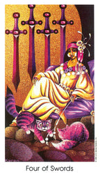 Card from a tarot deck featuring a person with a cat and three swords, labeled 'Four of Swords'.